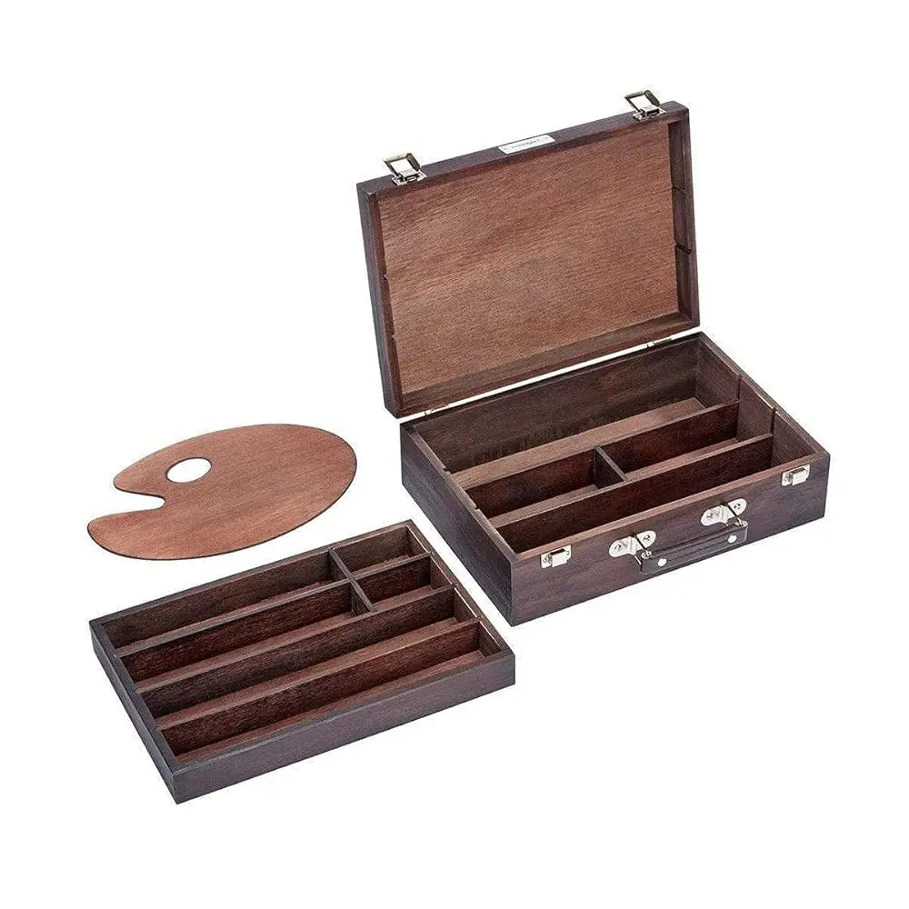 720 Wood Art Storage Box With Espresso Stain, 2-Tier Wood Case With 10 Dividers, Holds Markers, Paint, Brushes, Pencils, And