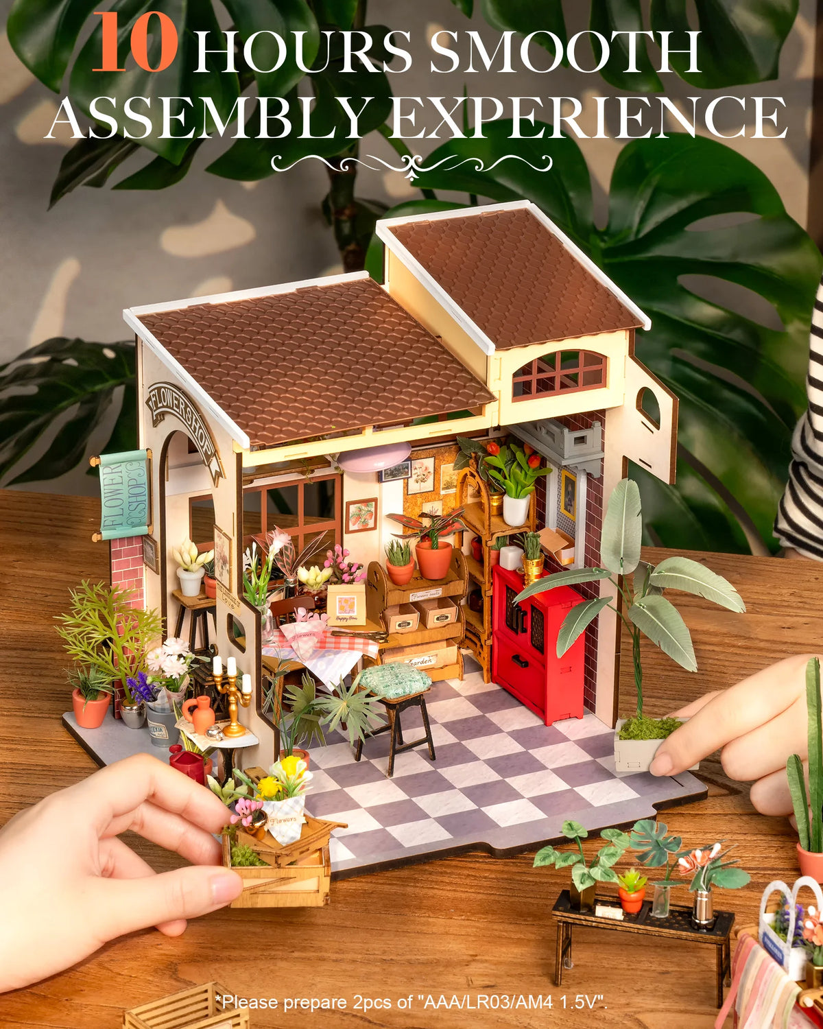 Rolife Wooden Dollhouse 3D Puzzle Toys Emily's Flower Shop DIY Miniature House Model Building Kit with LED Light for Home Decor Holiday Gift for Friends Adults