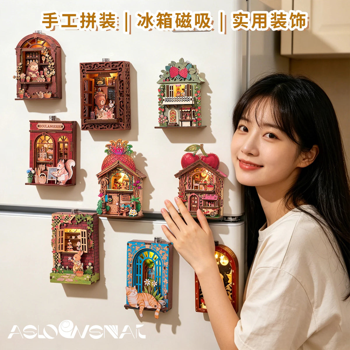 Fridge Magnet DIY Book Nook Kit 3D Puzzle Toy Dollhouse Shop Animal Mini House Furniture Creative Assembly Model Decoration