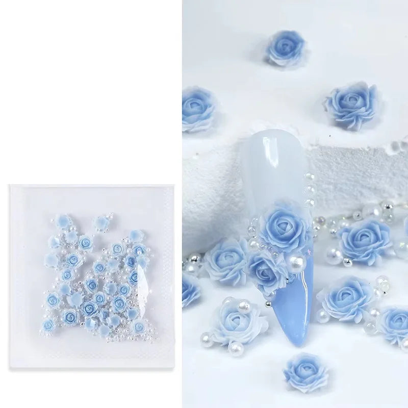 30pcs 3D Mixed Size Pearl Resin Flower Rose Nail Charms Accessories Pink Rose Red Nail Art Luxury Decoratons Supplies Parts DIY
