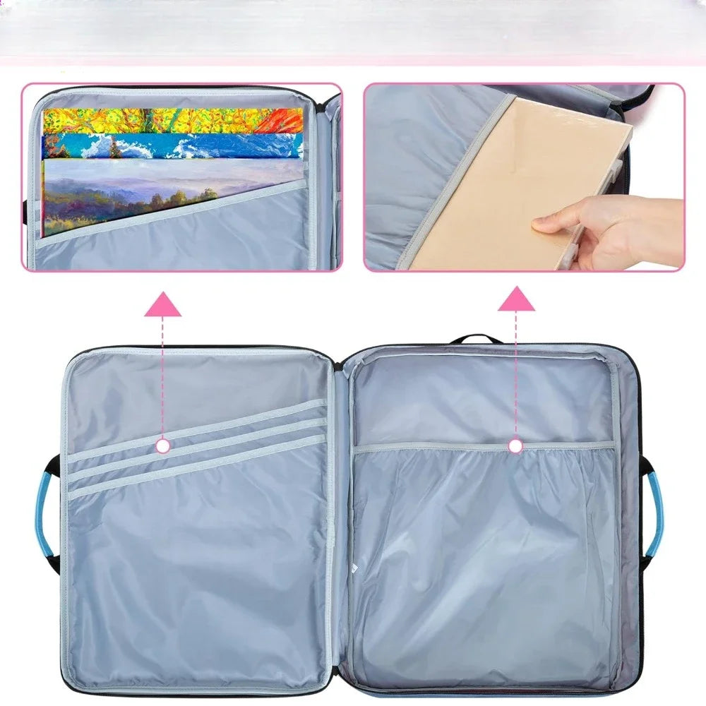 A3 Art Portfolio Case 15 x 18 inches, Artist Travel tote bag Art works and painting supplies, blue