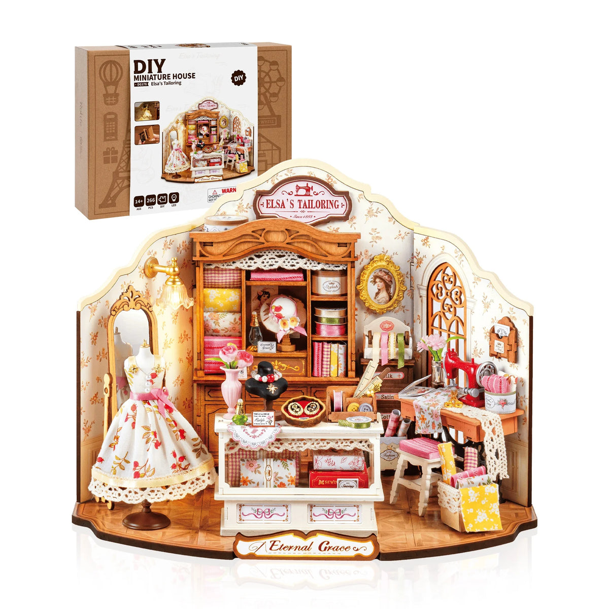 Rolife Wooden 3D Puzzle Elsa's Tailor DIY Mini Dollhouse Model Building Kit with LED Light for Home Decor Holiday Gift for Adults Teens