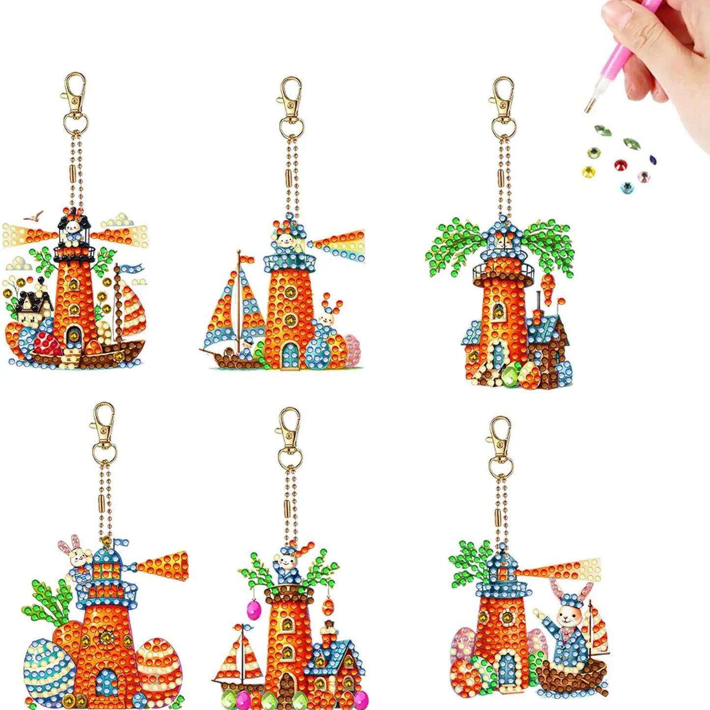 6Pcs Double Sided Special Shape Easter Series Diamond Painting Keychain Diamond Painting Art Keychain Pendant for Party Supplies