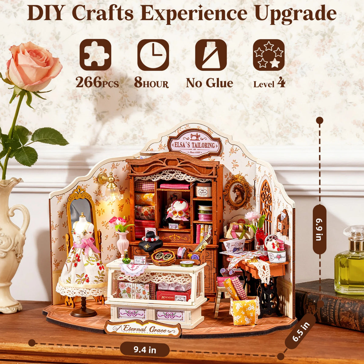 Rolife Wooden 3D Puzzle Elsa's Tailor DIY Mini Dollhouse Model Building Kit with LED Light for Home Decor Holiday Gift for Adults Teens