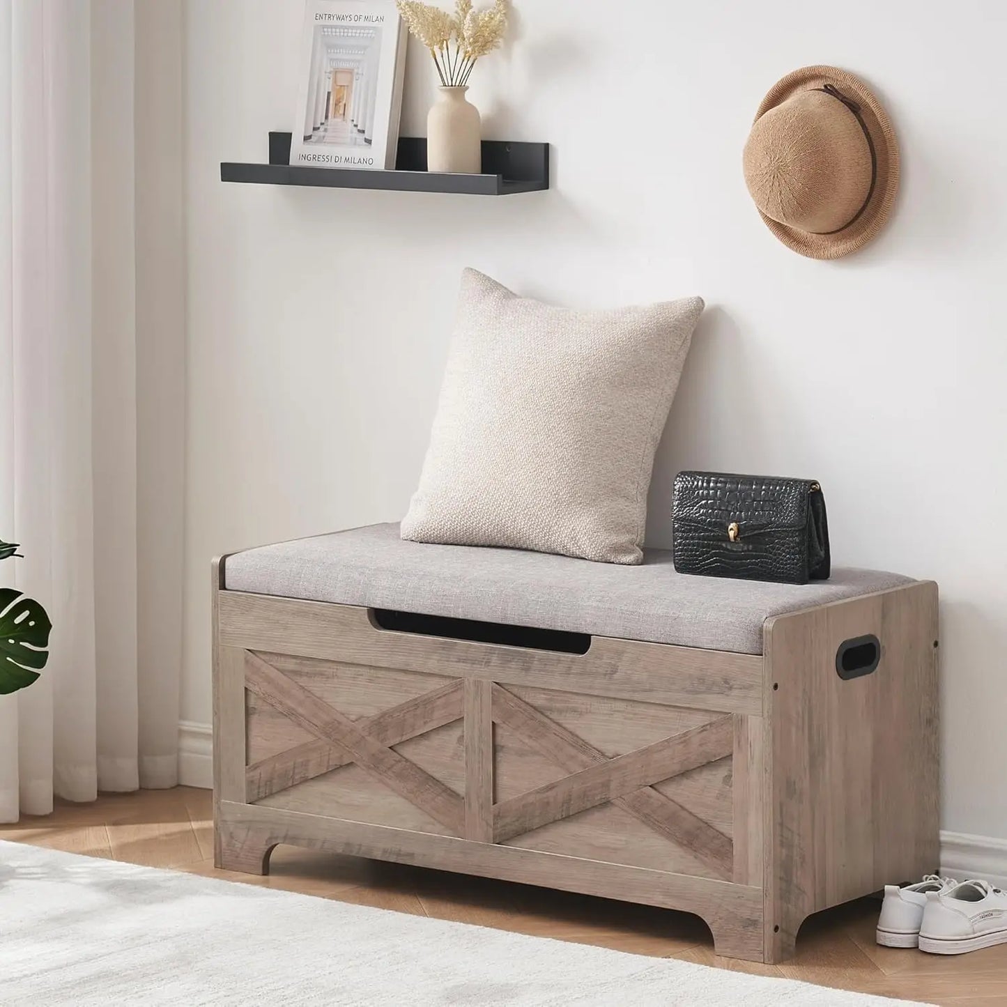 Storage Bench Storage Chest with 2 Safety Hinges Liftable top Shoe Bench Retro Wooden