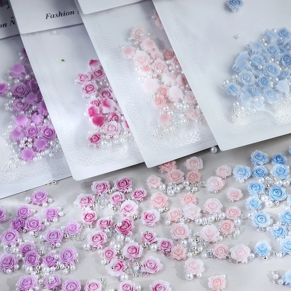 30pcs 3D Mixed Size Pearl Resin Flower Rose Nail Charms Accessories Pink Rose Red Nail Art Luxury Decoratons Supplies Parts DIY