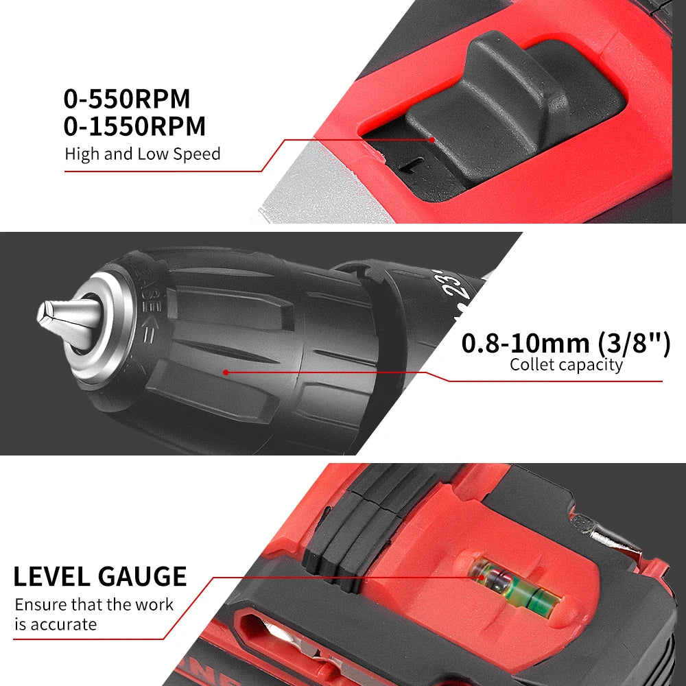 ONEVAN 10mm Cordless Electric Drill Driver Rechargeable Impact Hammer Drill Screwdriver Tools For 21V 18V Battery