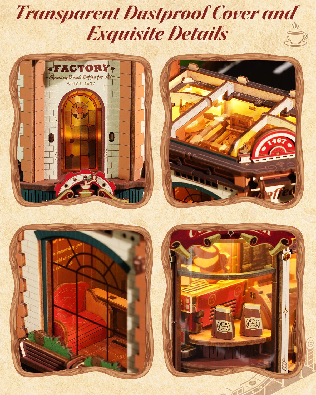 ROKR Wooden 3D Puzzle Dream Coffee Factory Music Box Model Building Kit 593-piece DIY Miniature House Kit with LED Light Unique Home Decor Gift for Adults Women
