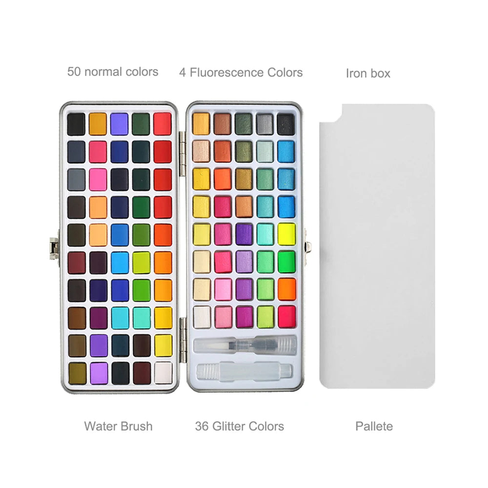 50/90 Color Solid Watercolor Set Paint Glitter Portable Metal Box Watercolor Pigment squirrel hair brush nail art
