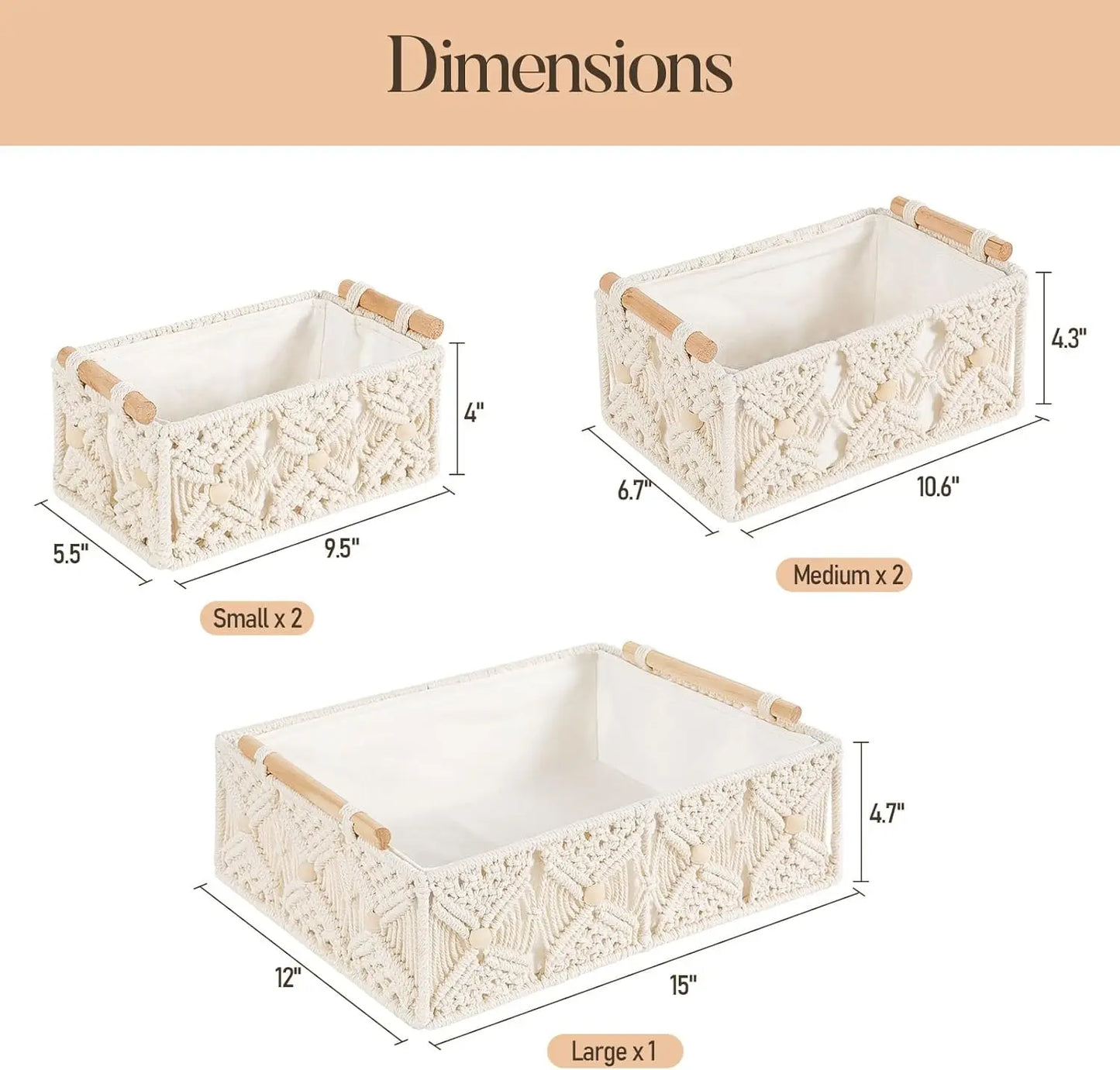 Boho Storage Baskets For Organizing 5 Pcs Macrame Decorative Hand Woven Storage Bins With Natural Wooden Handles Beads Box
