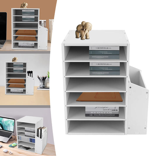 10*11.8*16.1in 6-Tier Desktop Organizer with Side Storage Cabinet File Sorter Holder for Home Office White