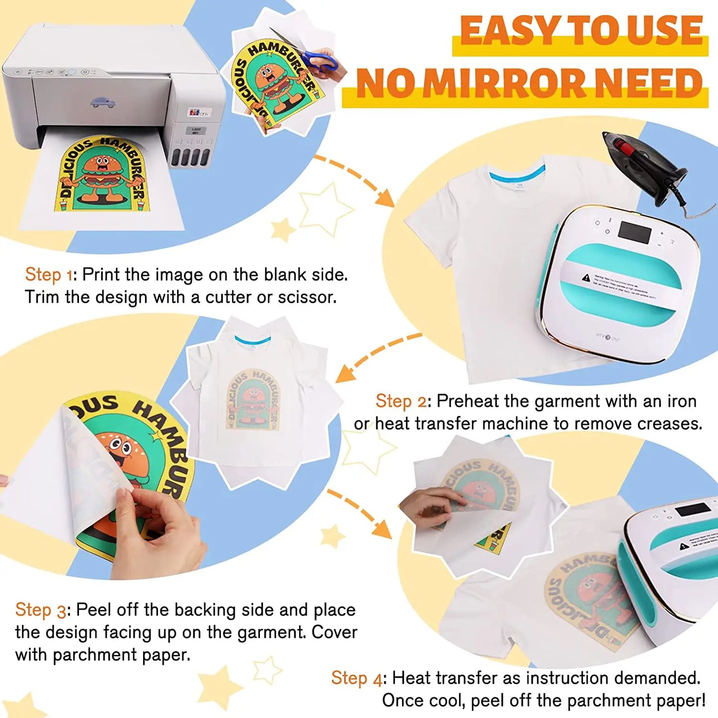 HTVRONT 20pcs Light &Dark Fabric 8.5x11in Heat Transfer DIY Cotton T-Shirt Iron On Transfer Paper for Inkjet Printer