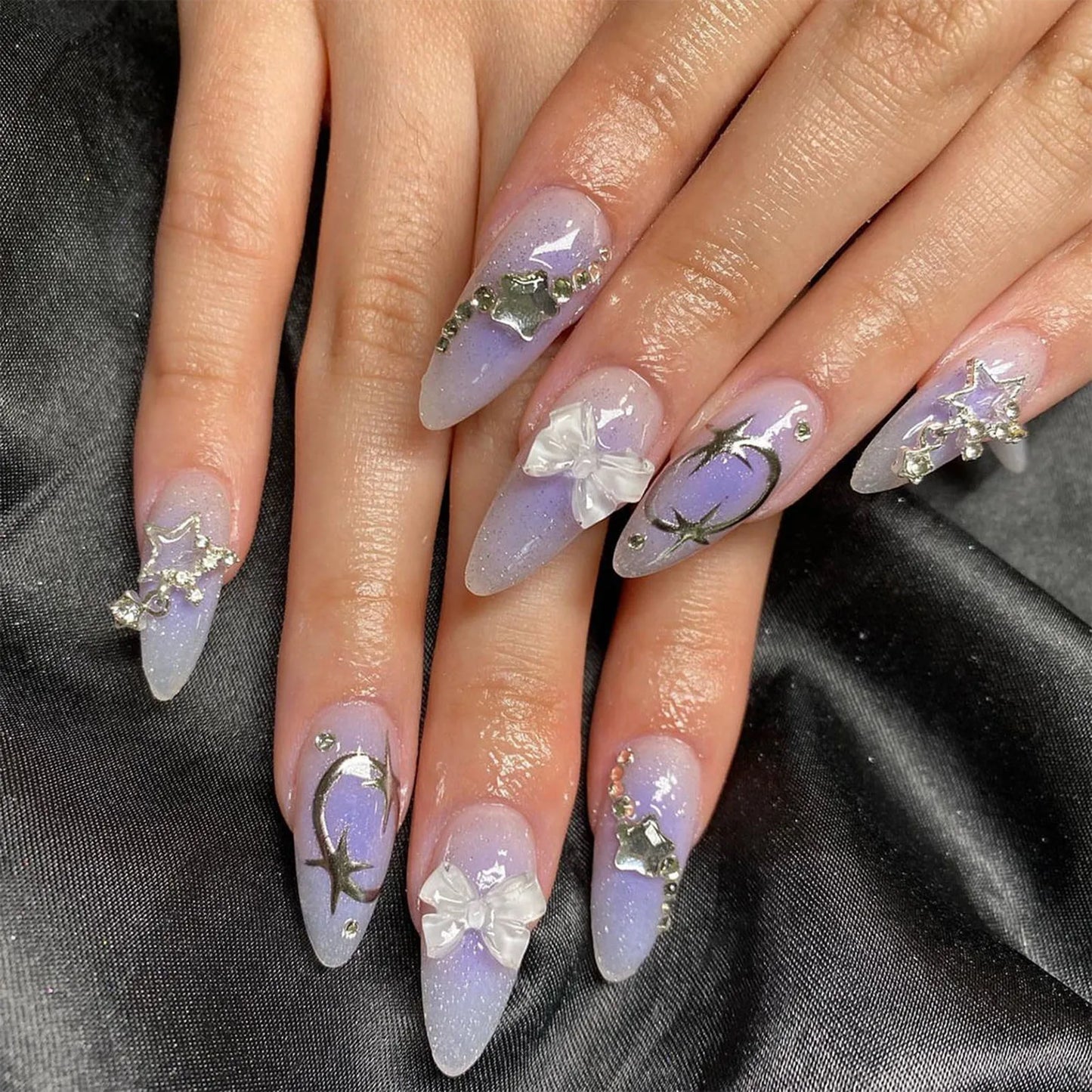 Purple Almond False Nail White Bowknot Shiny Rhinestones Artificial Nail For Salon Expert And Women Diy Fashion Nail Art
