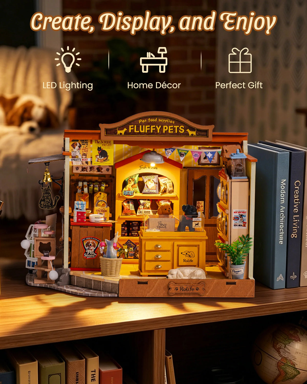 Rolife DIY Miniature House Kit Pet Store Dollhouse Wooden 3D Puzzle Model Building Kit with LED Light for Home Decor Suitable for Adults and Kids