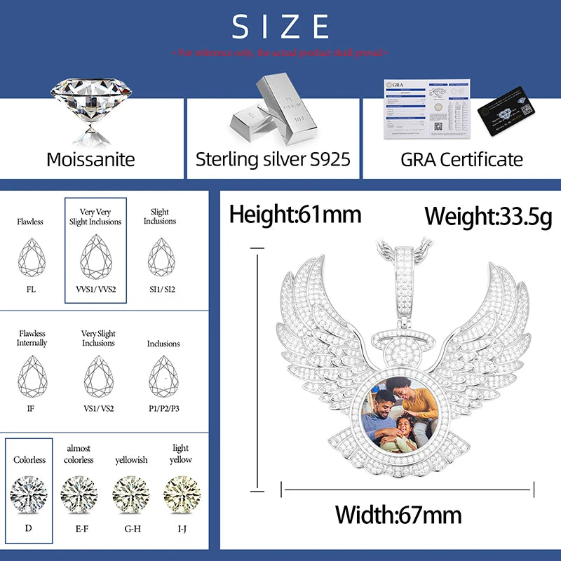 New Custom Memorial Picture Pendant Necklace Angel Wing Custom Photo Engrave Name Iced Out Medallions Pendant Hip Hop Jewelry