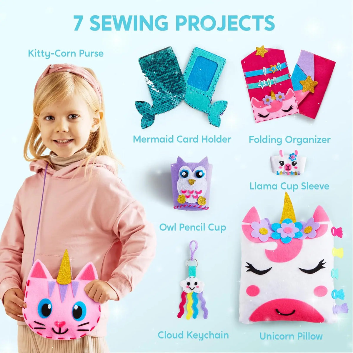 JOYFY 7 Sewing Projects My First Kids Sewing Kit- Easy DIY Arts and Crafts for Girl Birthday Chirstmas Gifts Unicorn and Mermaid