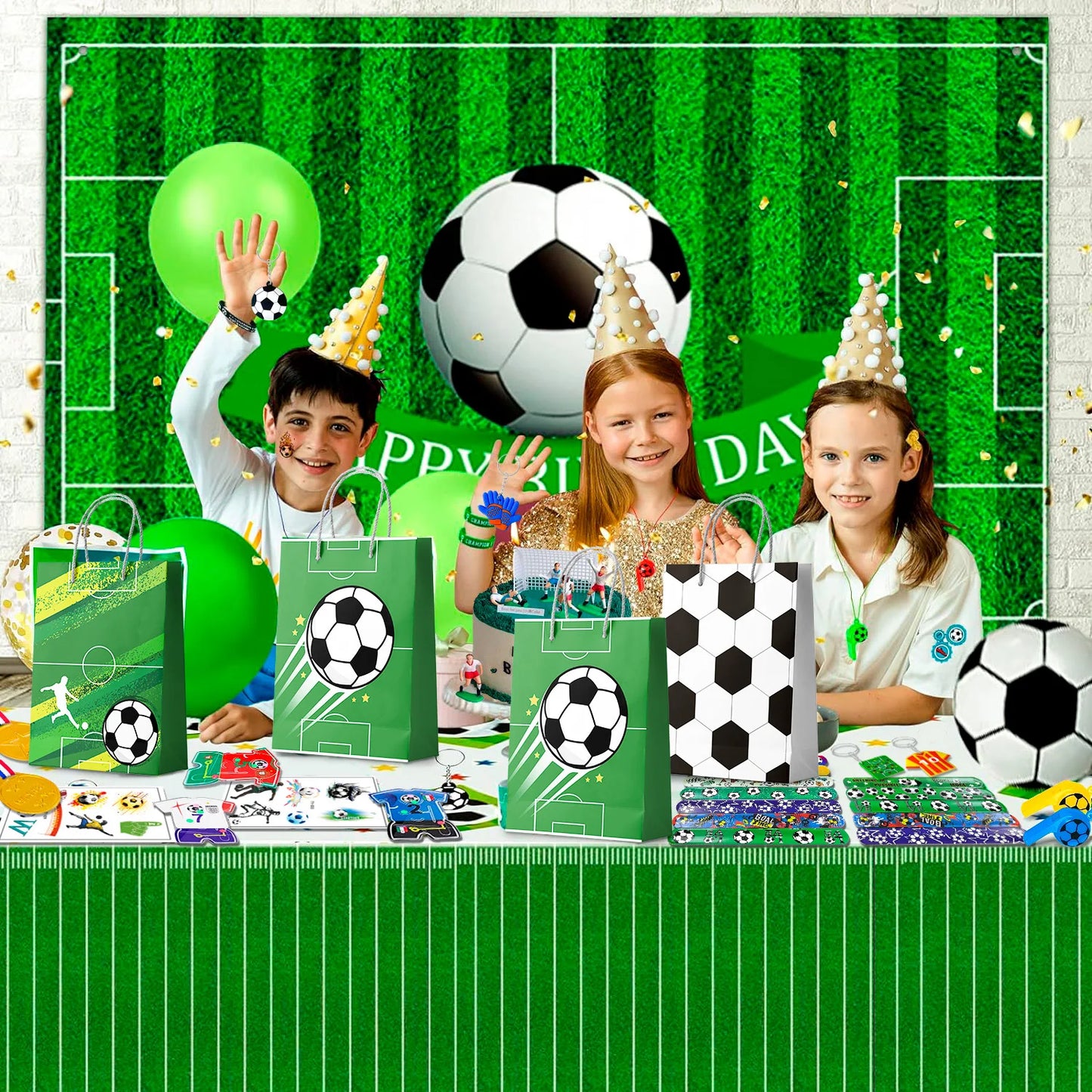 Soccer Favors,96pcs Soccer Party Favors for Kids Including Soccer Slap Bracelets Stickers Medals Keychains Bags Maza Toys etc