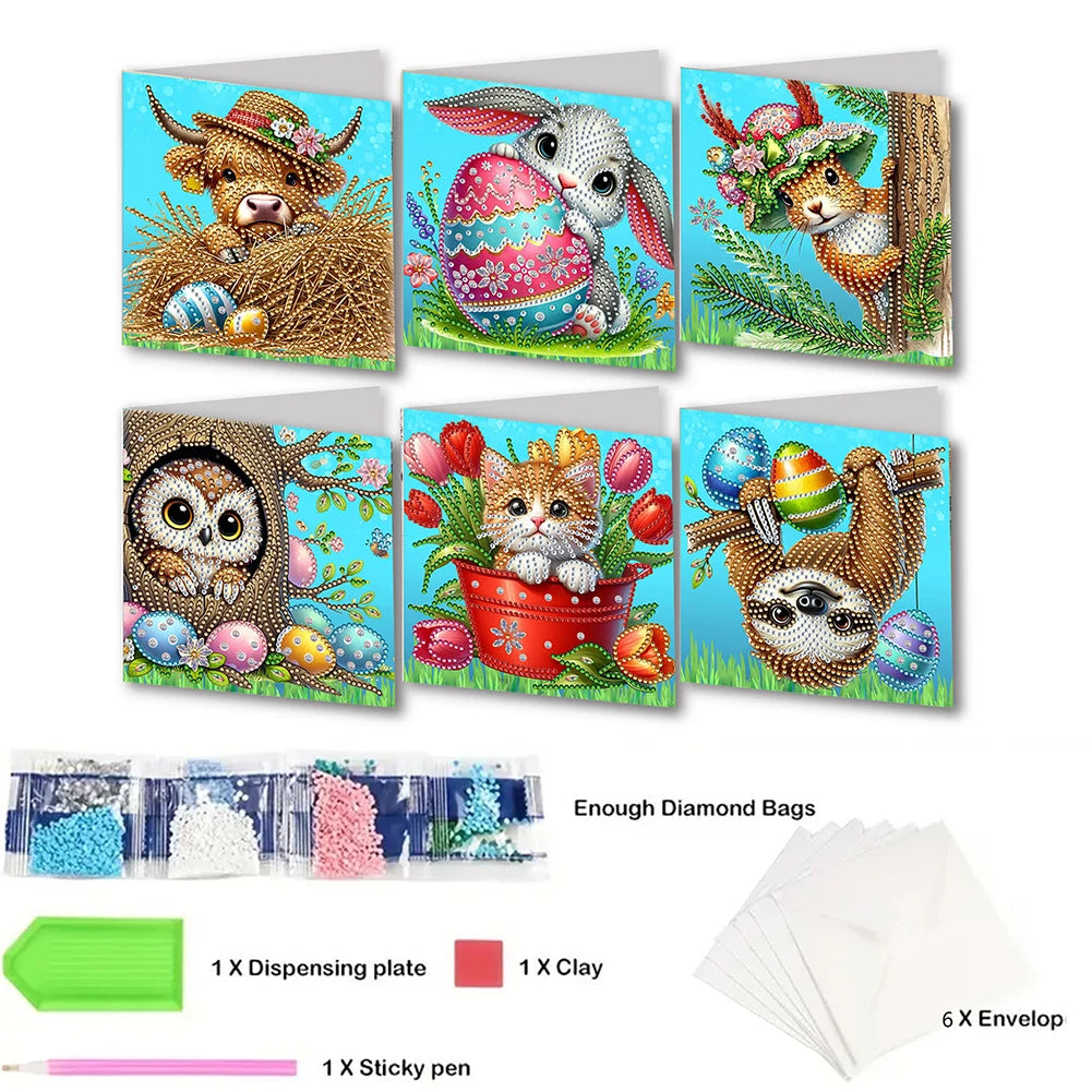 6Pcs Easter Egg DIY Diamond Painting Card Rhinestone Painting Card Kit Diamond Painting Greeting Card for Holiday Party Favors