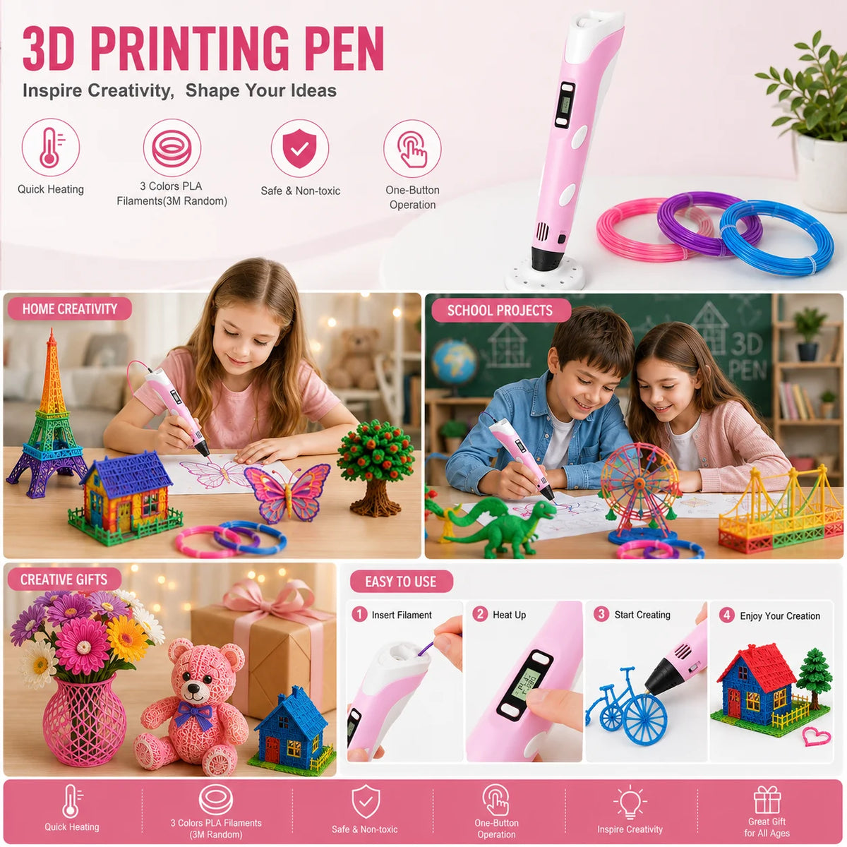3D Printer Pen Kits LED Screen PLA Filament 3D Drawing Tool Kids Art Craft Set 3D Doodler Pen with Refill Material Creative Educational Toy for Boys Girls DIY Projects Birthday Gift School Home Craft Supplies Easy Use Starter