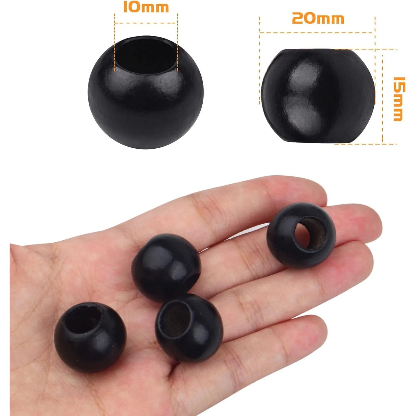 50pcs Black Wooden Beads Round Wood Beads Natural Wood Macrame Loose Beads with 10mm Large Hole for DIY Crafts Jewelry Making