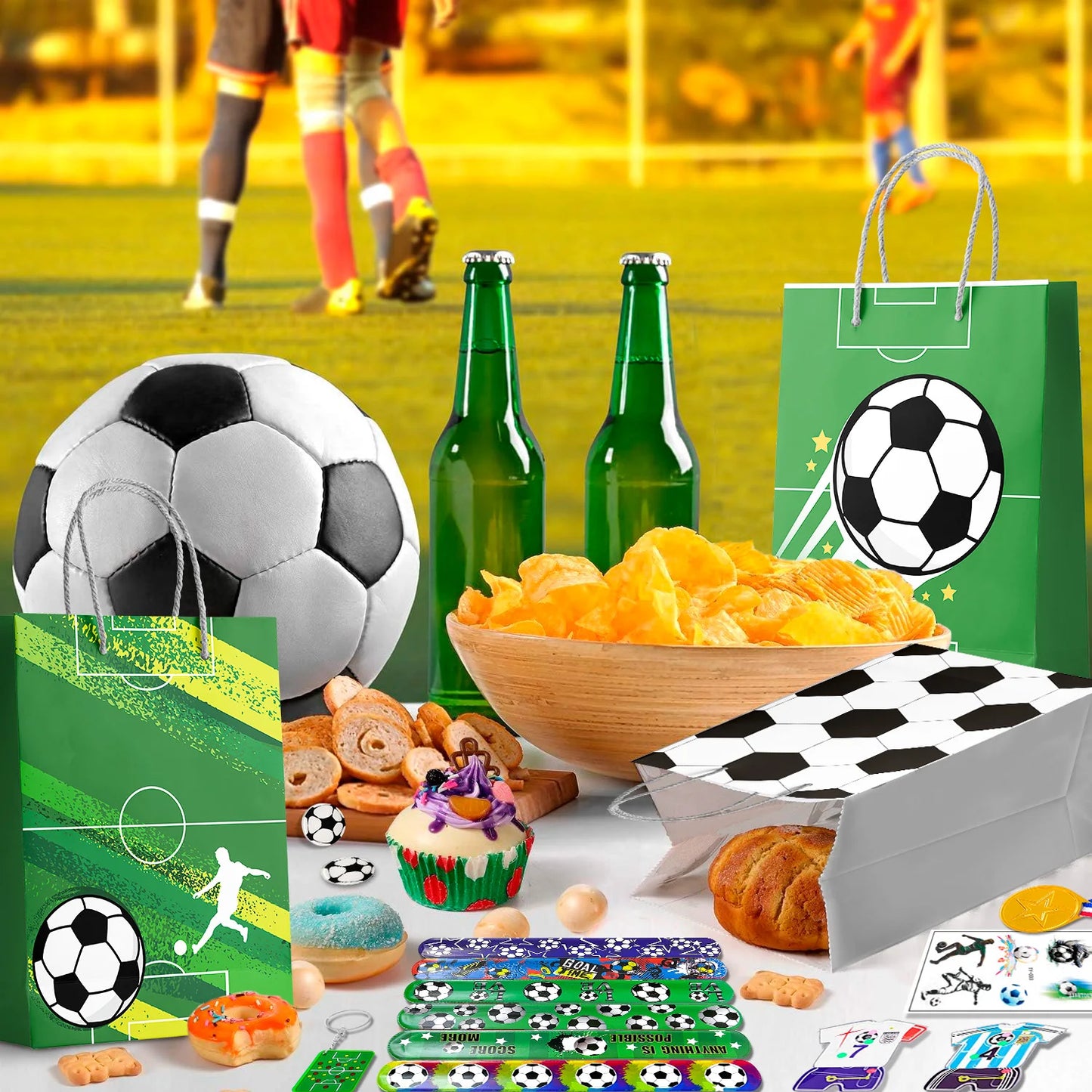 Soccer Favors,96pcs Soccer Party Favors for Kids Including Soccer Slap Bracelets Stickers Medals Keychains Bags Maza Toys etc