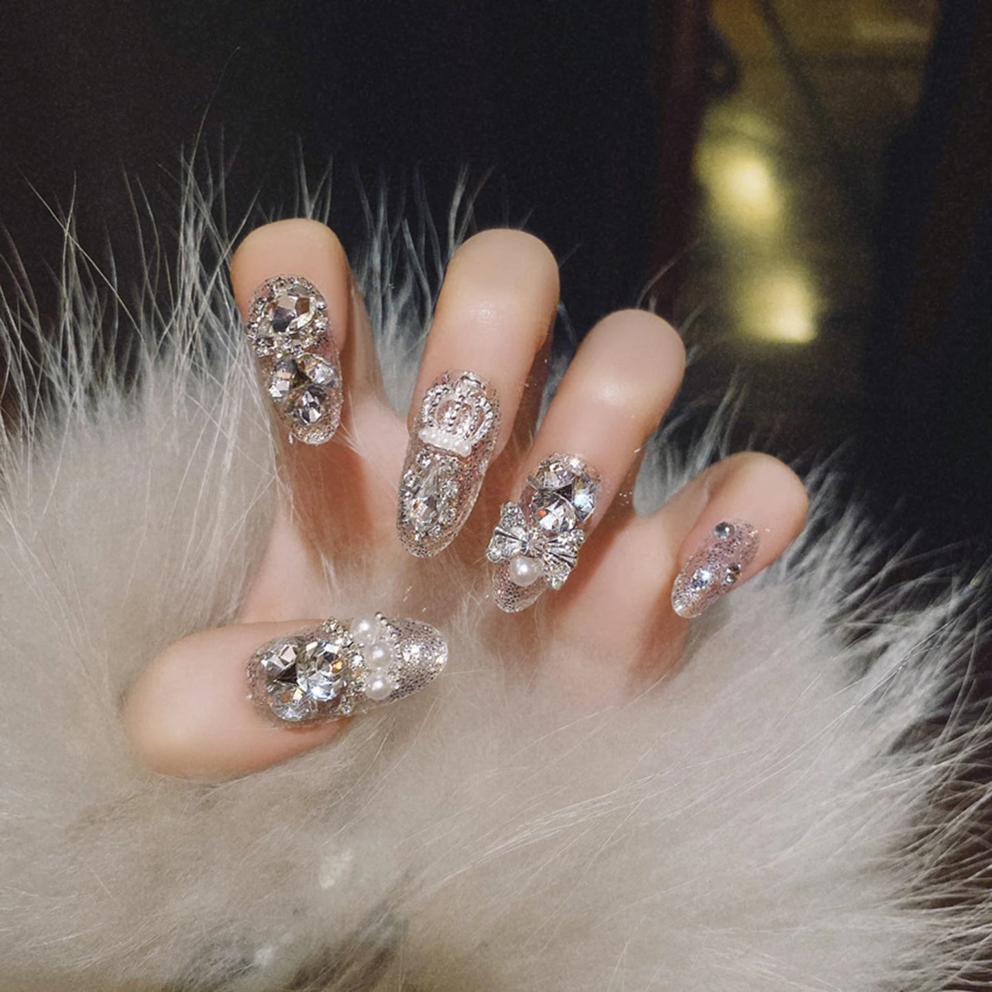 Purple Almond False Nail White Bowknot Shiny Rhinestones Artificial Nail For Salon Expert And Women Diy Fashion Nail Art