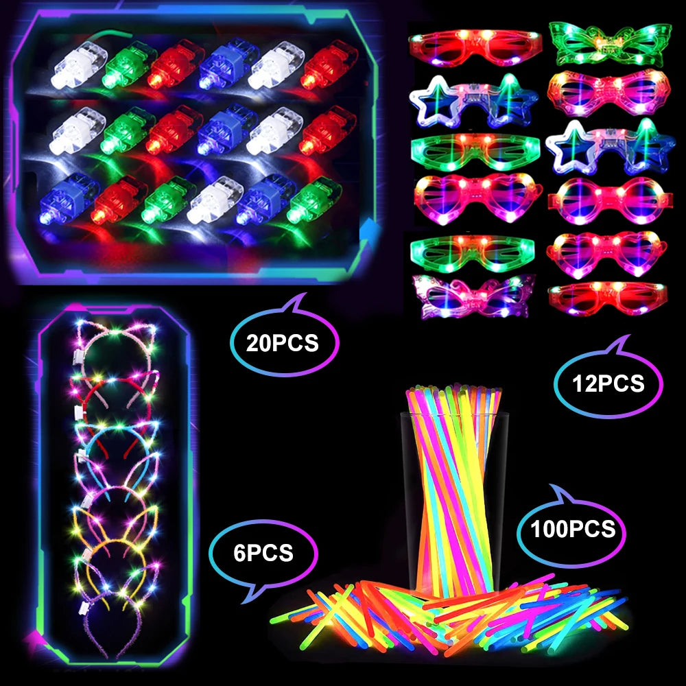 138pcs/Set Glowing Festival Party Kit - Includes 100 Glow Sticks, 12 Pairs of Neon Glasses, 20 Finger Lights, 6 Headbands, Chris