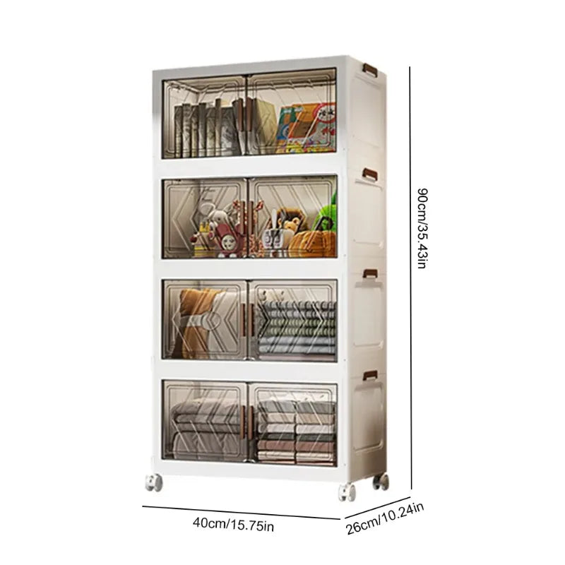 Stackable Storage Bins with Lids, 4 Tier Collapsible Clothes Storage Cabinet Cube Shelf with Wheel for Home Office Dorm Or