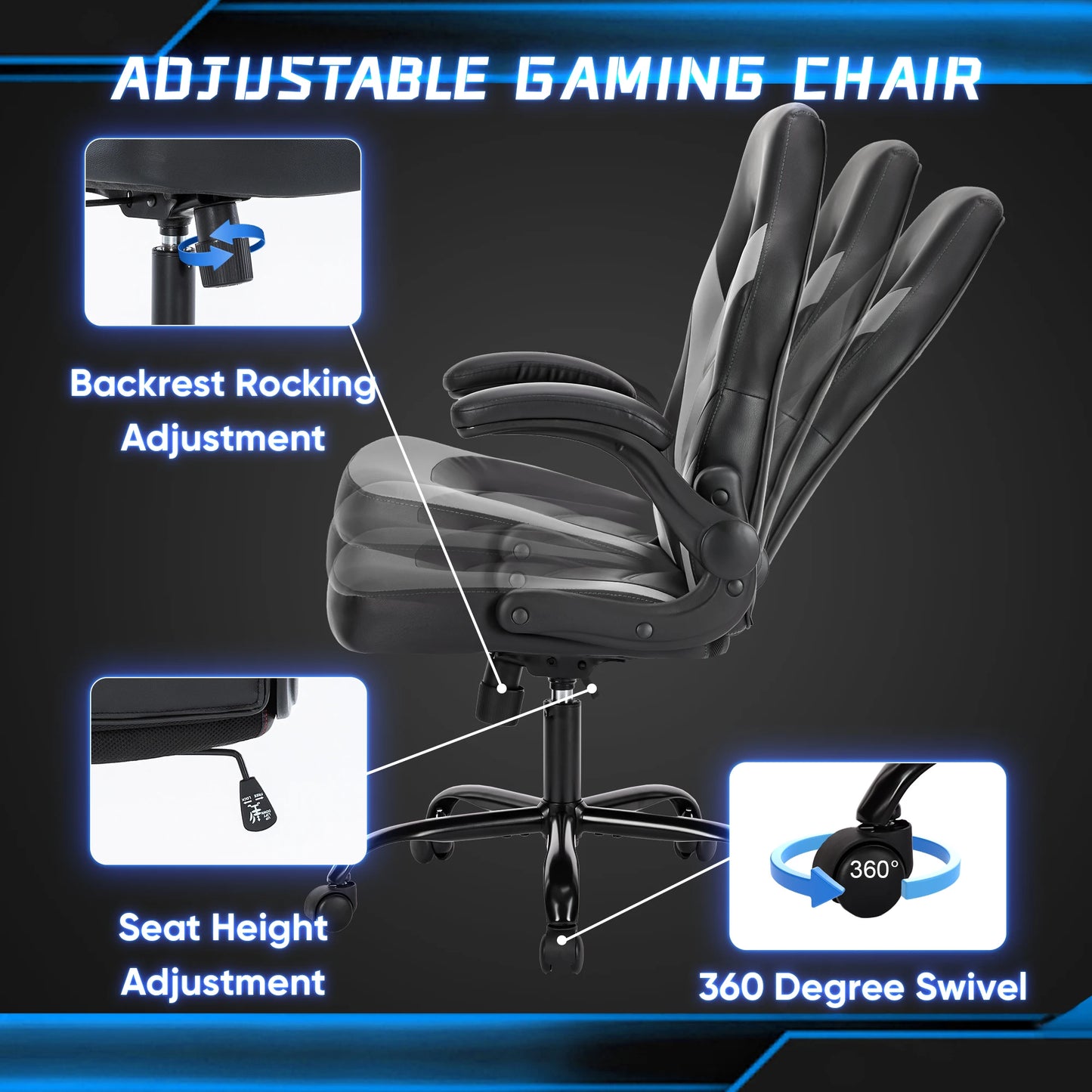 JHK Ergonomic Office Computer Chair Adjustable PU Leather Racing Chair Flip-up Armrest