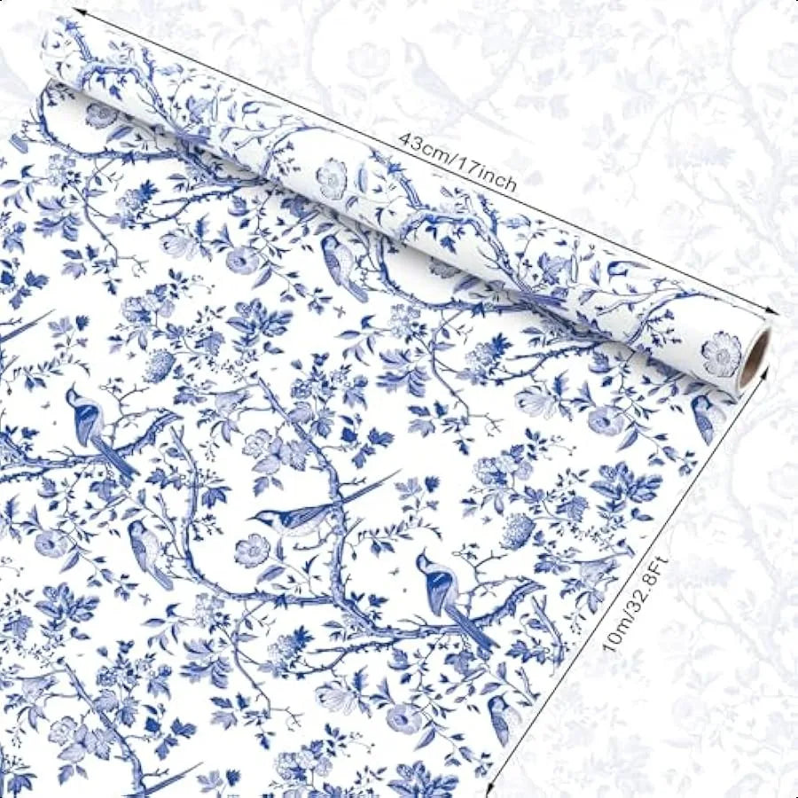 1 Roll Blue Floral Bird Wrapping Paper Mini Roll 17in x 32.8Ft Blue White Flowers Bird Pattern Gift Wrap Paper