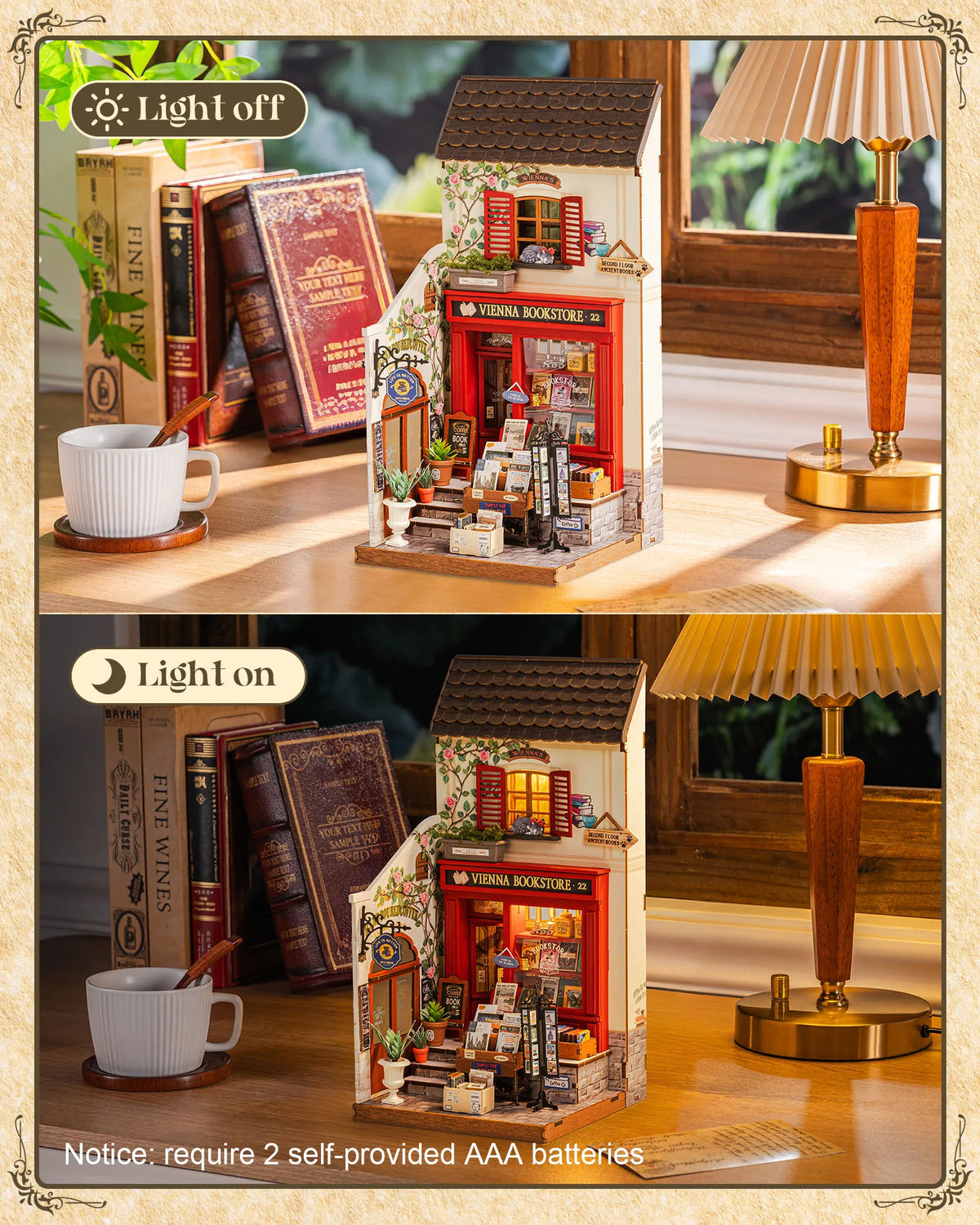 Rolife Wooden 3D Puzzle DIY Miniature House Kit Vienna Bookstore & Aromatic Coffee Cart Model Building Kit with LED Light for Home Decor Gift for Adults Teens