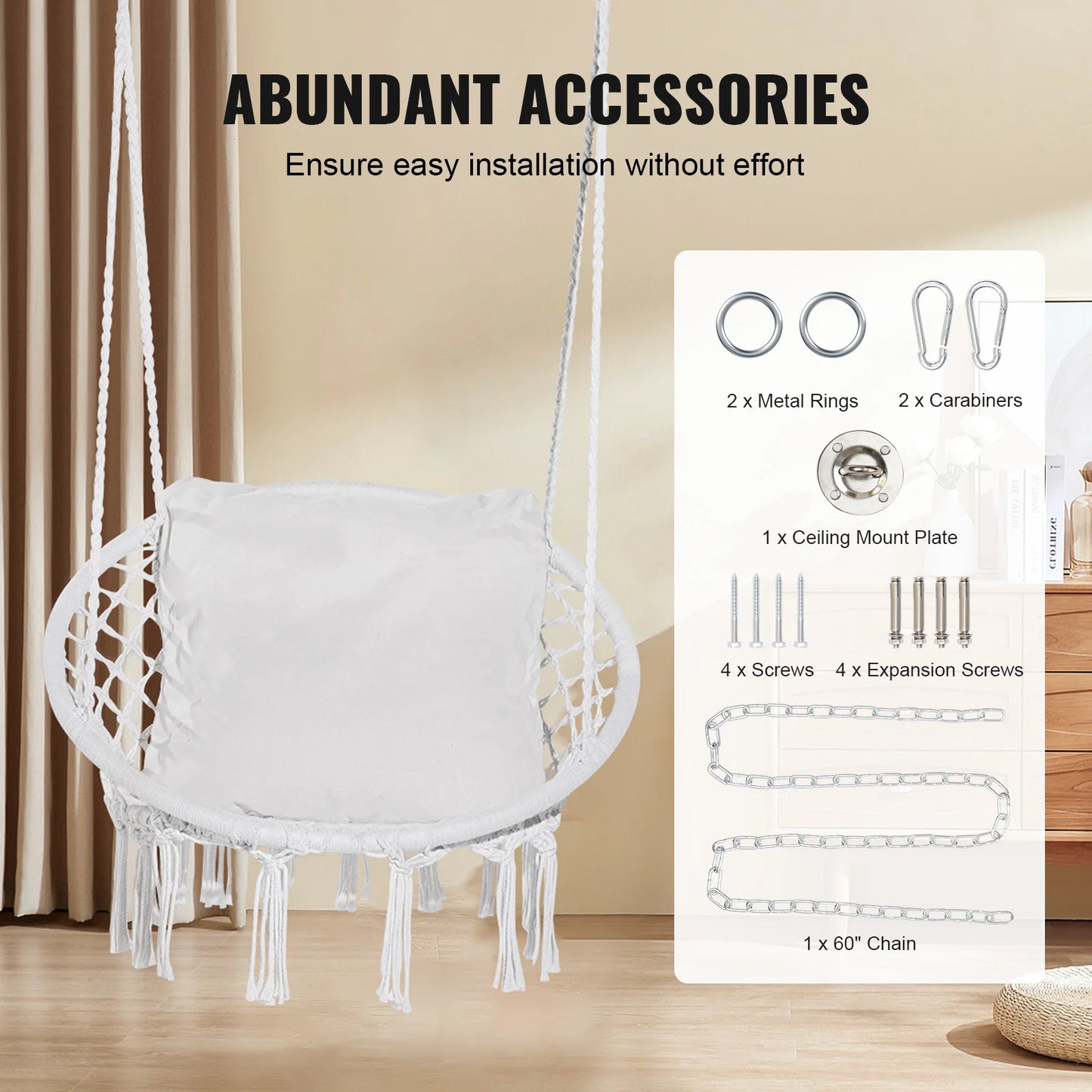 VEVOR Hanging Hammock Swing Chair 330 lbs Macramé Hanging Chair Cotton Rope Swing Chair for Bedroom Balcony Patio Garden White