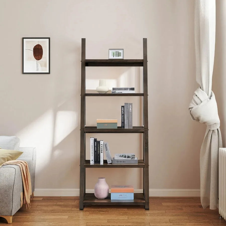 5-Tier Shelves Bookshelf Storage Rack Bookcase with Ladder Frame for Living Room Home Office