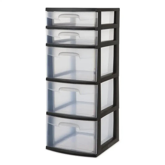 5-Drawer Plastic Storage Tower Black Clear Drawers Organizer Art Supplies Crafting Home Storage Closet