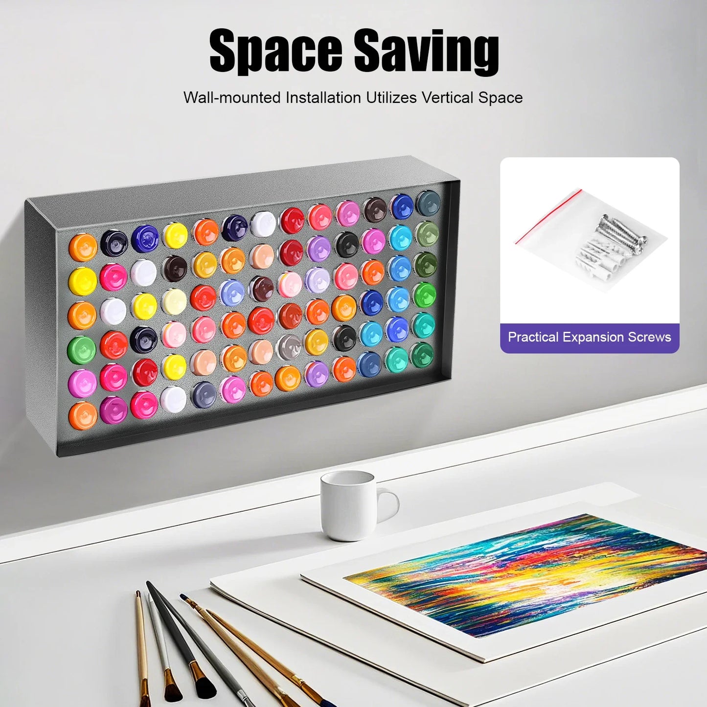 Bymaocar 78-Hole Wall-Mounted Paint Bottle Holder,  Modern Storage Rack for Art Supplies