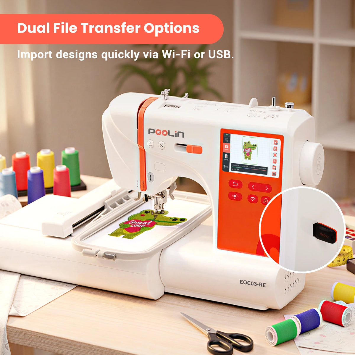 PooLin EOC03RE Embroidery Machine 4x4 & 4x9.25 Embroidery Area for Beginners, Easy Operation System, 130 Built-in Designs, 8 Fonts, Home DIY Embroidery Machine with Starter Kit for Beginners