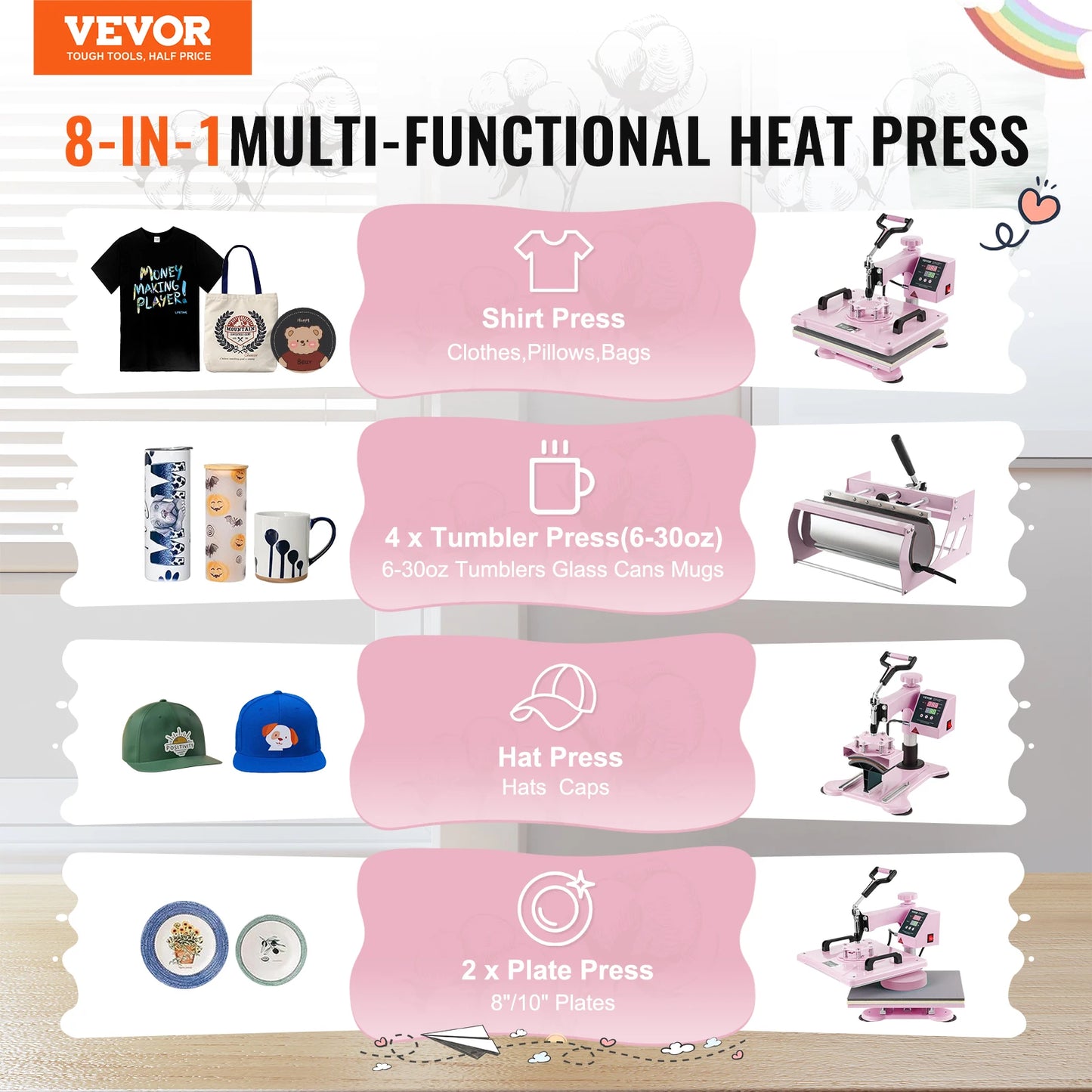 VEVOR Heat Press Machine  T-Shirts/Mugs/Hats/Plates Pink