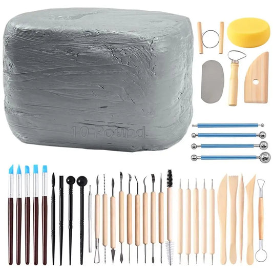 Natural AirDry Modeling Clay 10LBs with 40 Pcs Pottery Sculpting Tool Set, AllPurpose Clay Gray
