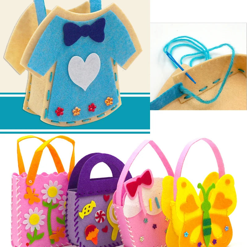 Sewing Joy Handmade Bag Cartoon Fabric Handbags Set DIY Sewing Toys  Non-woven Animal Butterfly Flower Bags Girls Craft Gifts