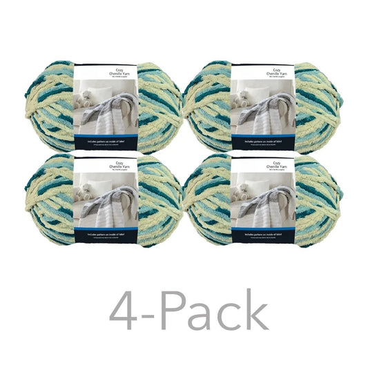 Cozy Chenille Yarn, 220 yd, Multi Teal, 100% Polyester, Super Bulky, Pack of 4, Machine wash and dry