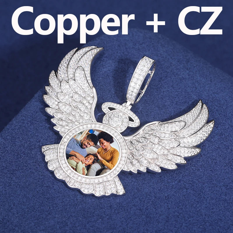 New Custom Memorial Picture Pendant Necklace Angel Wing Custom Photo Engrave Name Iced Out Medallions Pendant Hip Hop Jewelry
