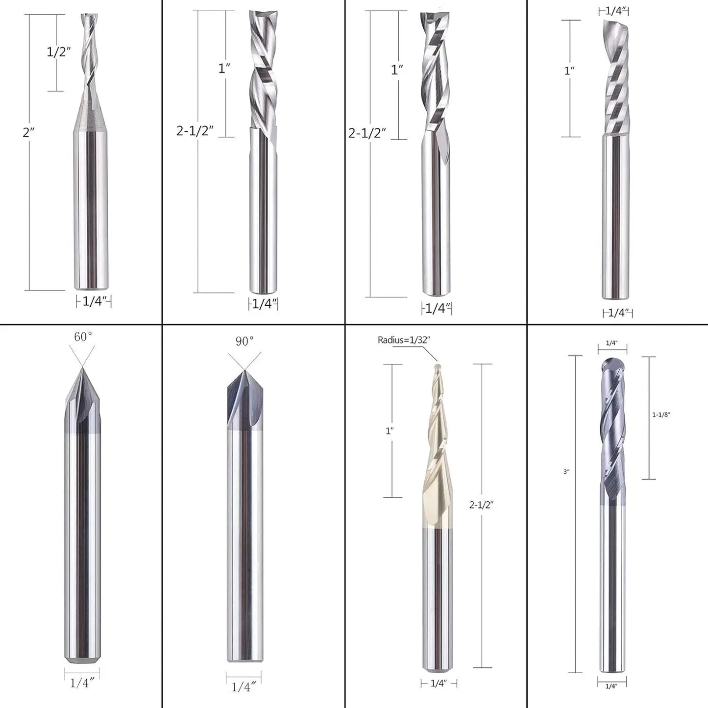 SpeTool 8Pcs Carbide CNC Router Bits Set 1/4 Inch Shank for Woodwork Detail Carving Trimming V Groove Engraving Slotting Mortise