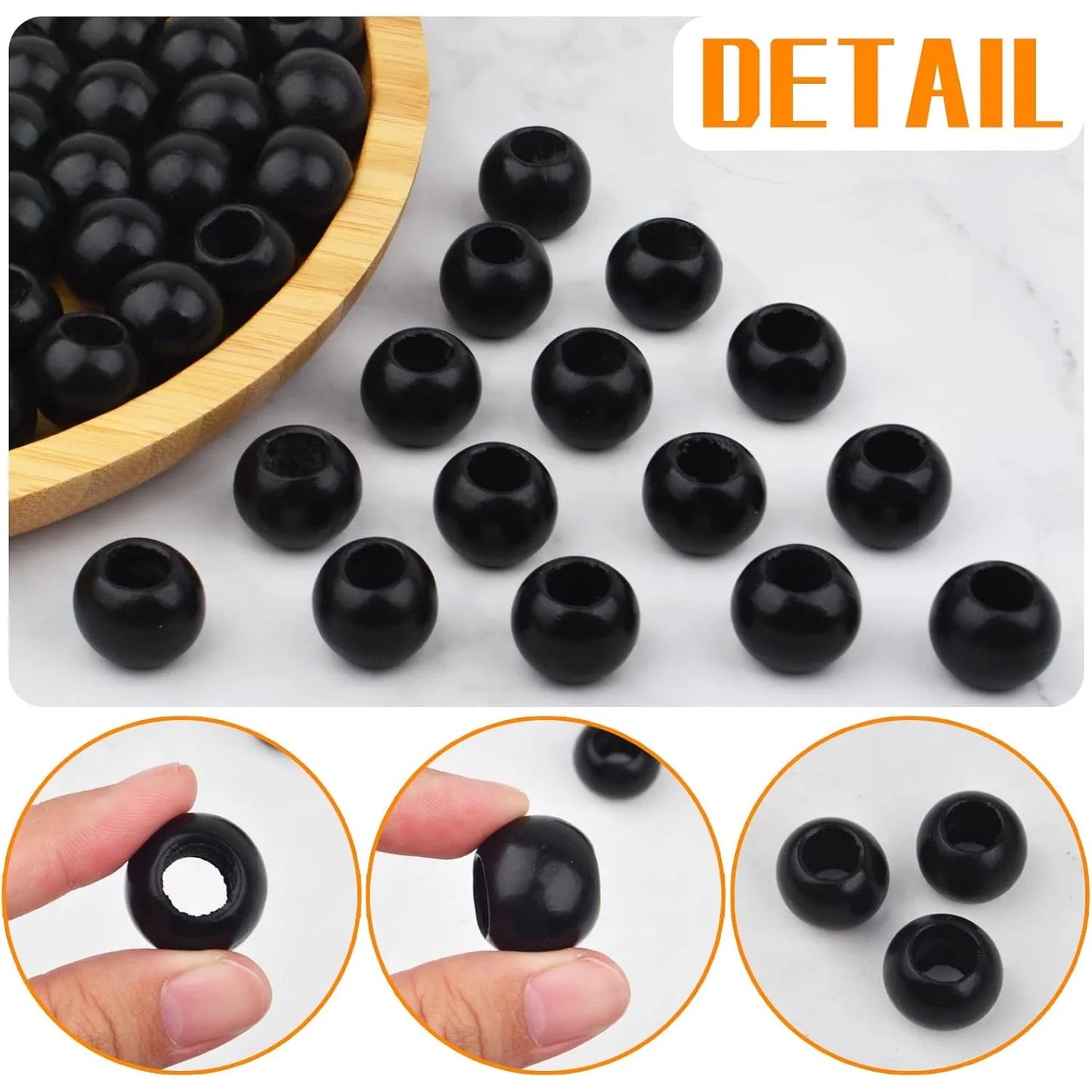 50pcs Black Wooden Beads Round Wood Beads Natural Wood Macrame Loose Beads with 10mm Large Hole for DIY Crafts Jewelry Making