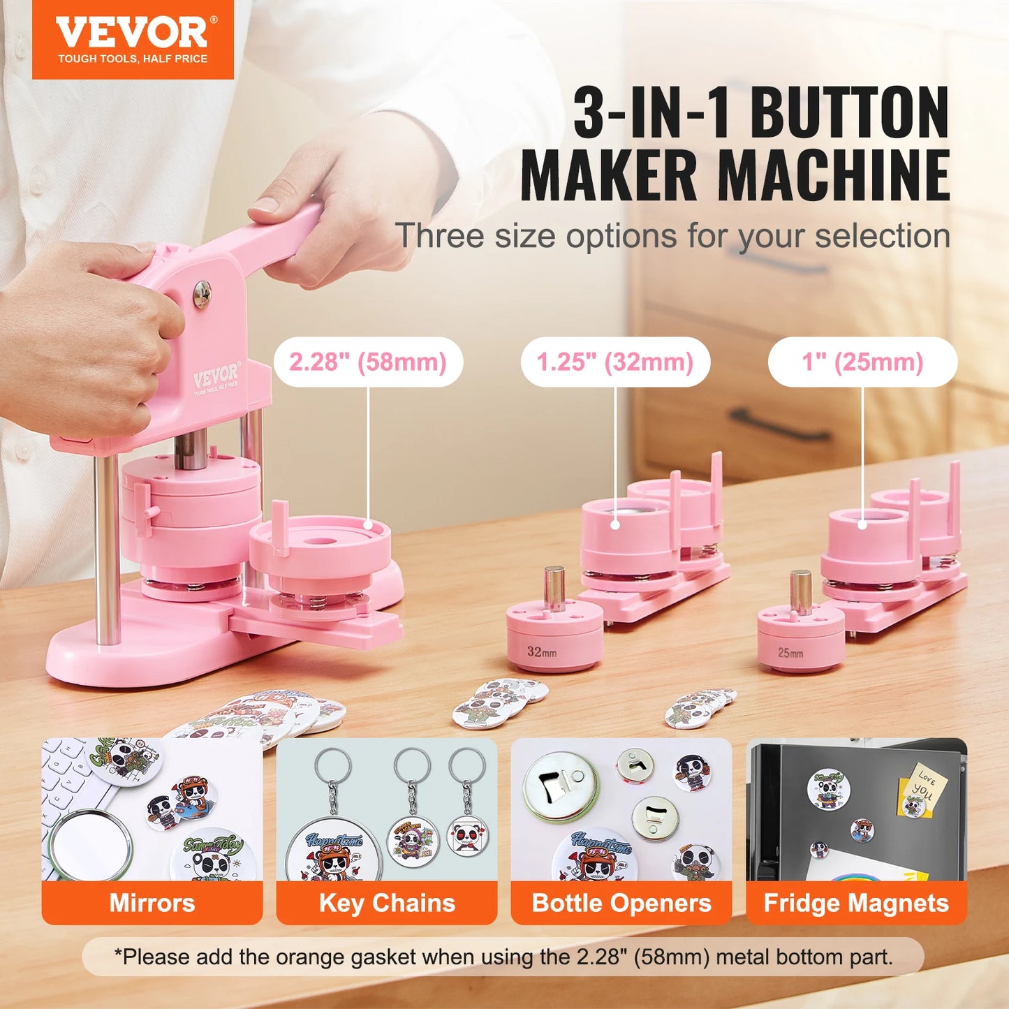 VEVOR 3-IN-1 Button Maker Button Maker Machine with Panda Magic Book  Ergonomic Arc Handle Punch Press Kit