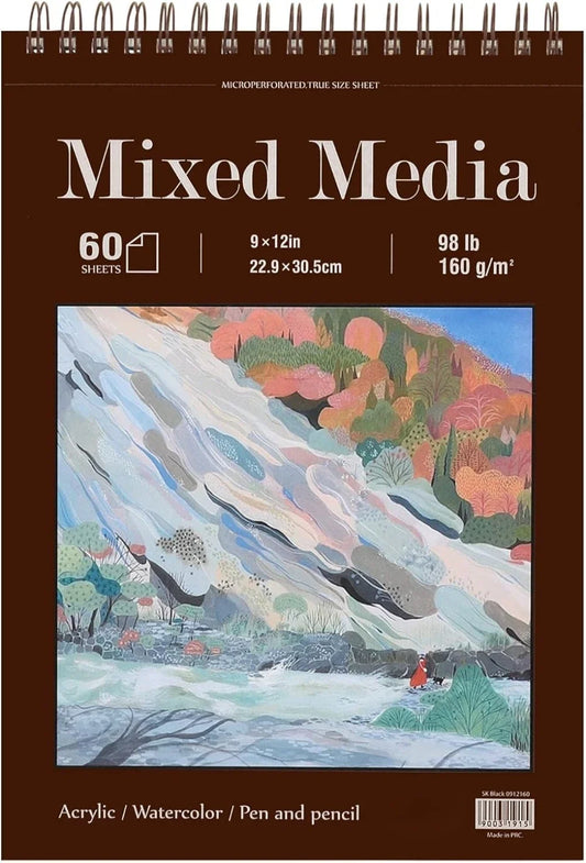 9 x 12 inches, 60 sheets (98 lb/160 g/m²) heavy-duty drawing paper, spiral-bound hardcover sketchbook on top