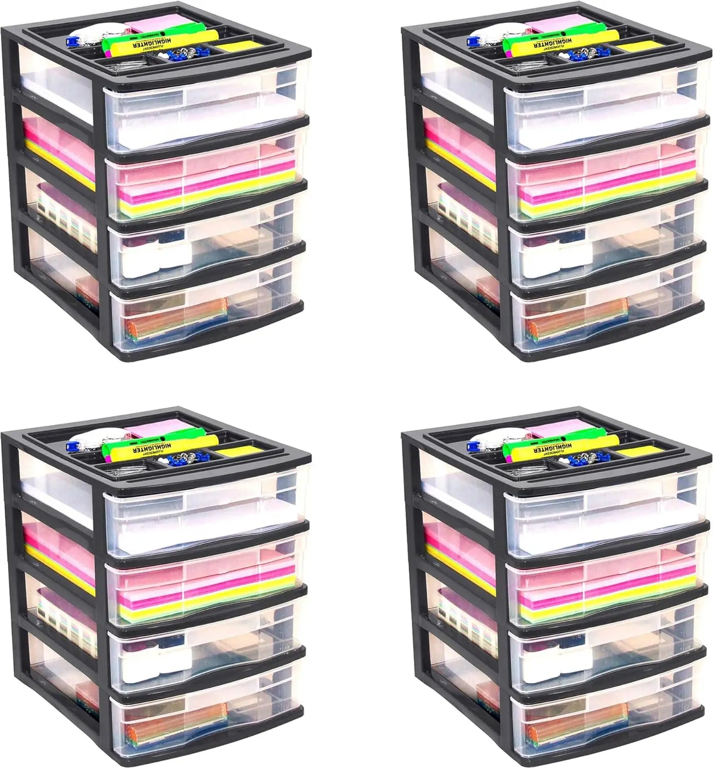 4 Drawer Desktop & Countertop Organizer W/Organization Lid For Craft Storage, Office Supplies & School Supplies, Black/Clear (4