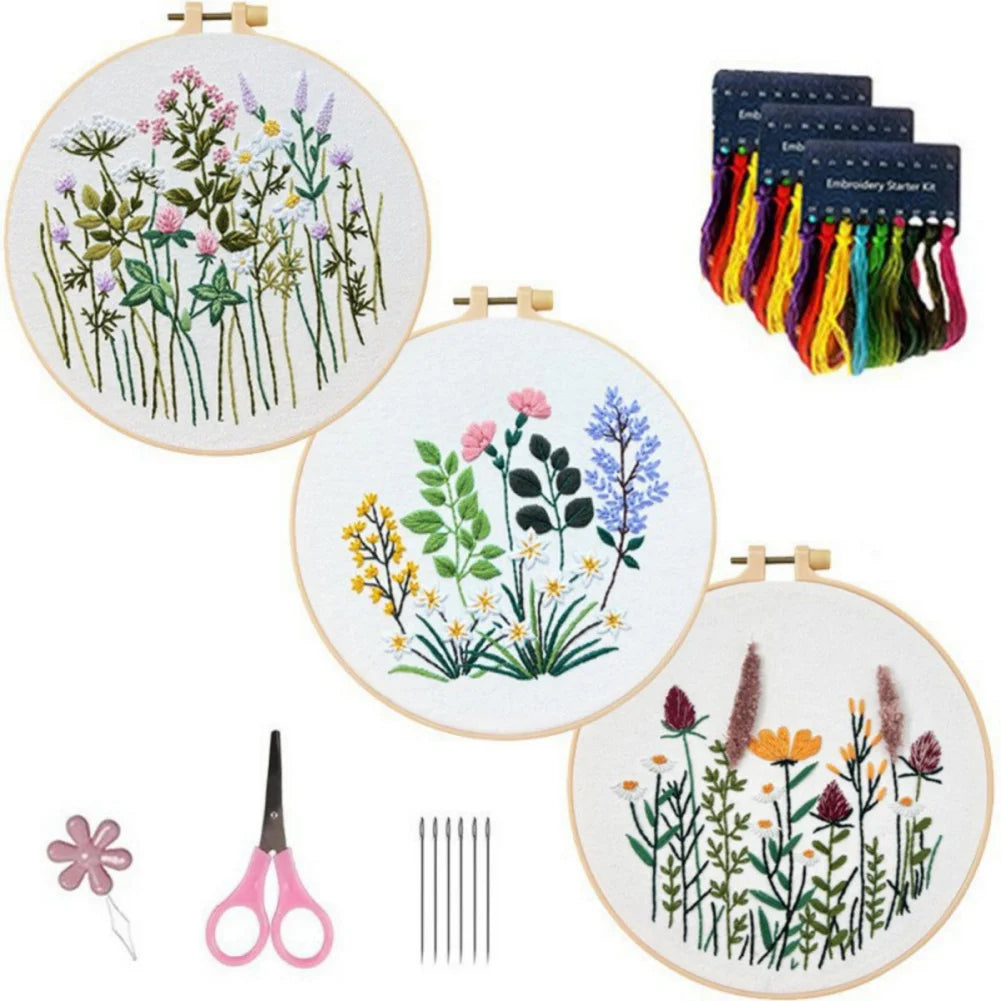 3pcs/set DIY Embroidery Starter Kits with Floral Flower Patterns Kit for Beginners Fabric Cross Stitch Kits for Adults