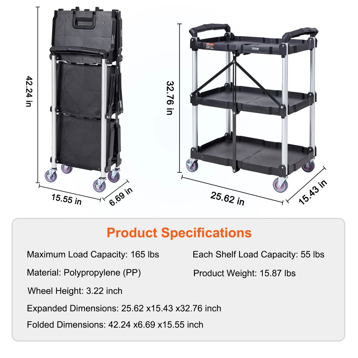 SucceBuy   3 Tier Folding Rolling Utility Cart Storage Shelf Movable Gap Rack Serving Cart Slide Organizer for Kitchen Bathroom