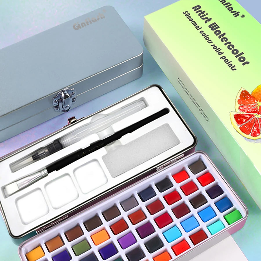 50/90 Color Solid Watercolor Set Paint Glitter Portable Metal Box Watercolor Pigment squirrel hair brush nail art
