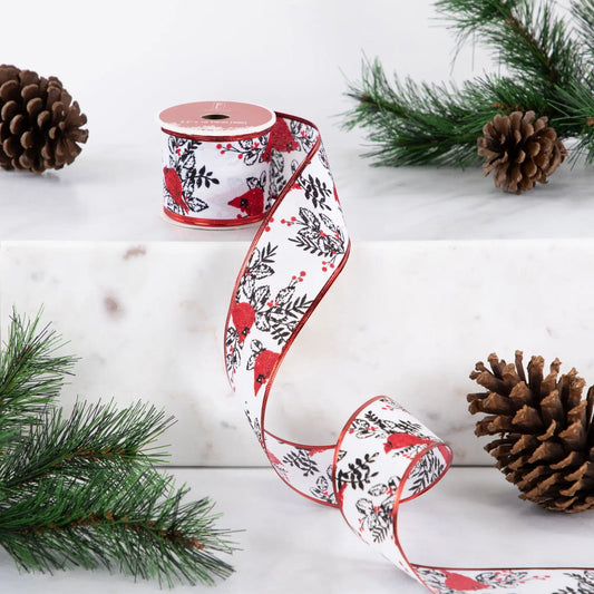 Cardinals with Leaves and Berries Wired Craft Christmas Ribbon 2.5 X 10 Yards